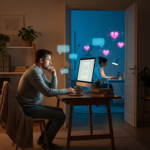 En man sitter i ett hemkontor och funderar över känslomässigt avstånd i sitt förhållande, medan hans partner arbetar sent i ett annat rum.