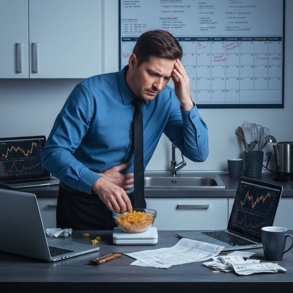 En man i 40-årsåldern som väger matingredienser noggrant medan han upplever magkramper och huvudvärk, omgiven av stressande jobbrelaterade och finansiella symboler.
