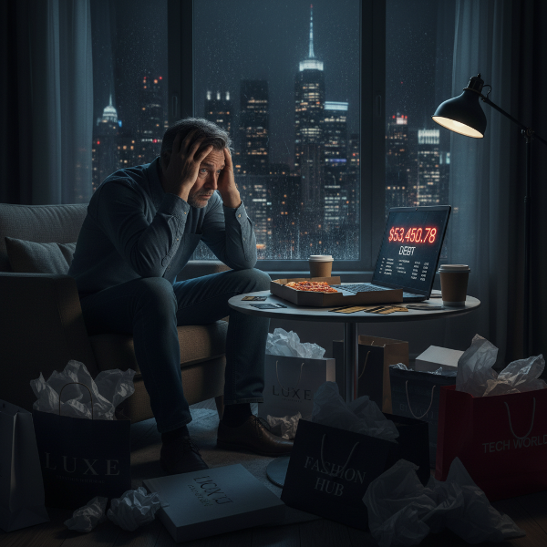 En man i medelåldern sitter ensam om natten, omgiven av shoppingkassar och kreditkort, och ser stressad ut medan han stirrar på en skärm med skuldsiffror.