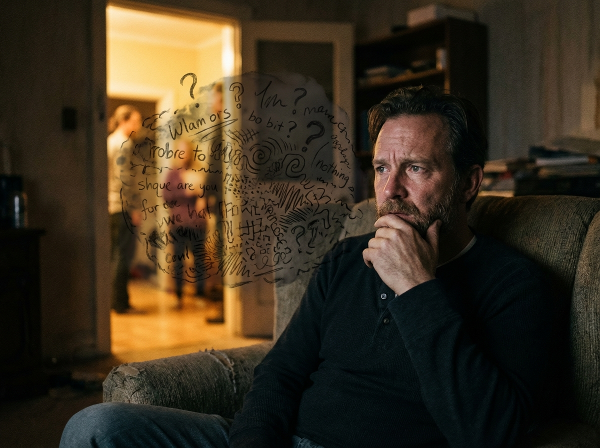 En man i 40-årsåldern, Marcus, sitter ensam och reflekterande med en skugglik barriär av oro och frågetecken som skiljer honom från ljuset av närhet och förbindelse.