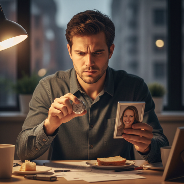 En ung man i kontorsmiljö som kämpar med snusberoende och stress, med visuella symboler för självkontroll och stöd.