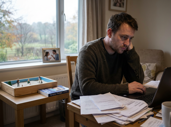 En man som kämpar med arbetsstress och ångest som påverkar relationerna hemma, med säsongsbunden humörsvängning och frågor om sandspelsterapi.