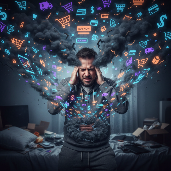 En man fångad i en virvel av shoppingikoner med mörka moln som symboliserar fysiska och psykiska symptom.
