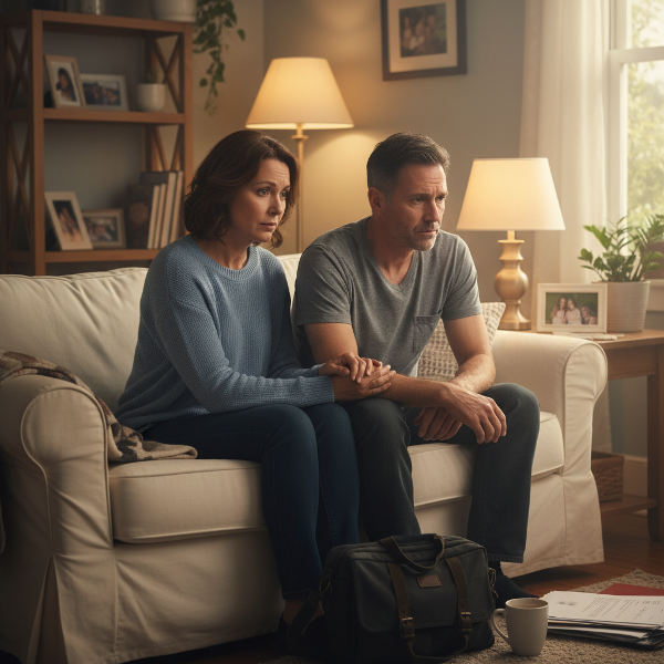 Ett par i medelåldern sitter på en soffa i ett hemtrevligt vardagsrum. Kvinnan visar omtanke medan mannen verkar stressad och tillbakadragen, vilket illustrerar kommunikationssvårigheter i en lång relation.