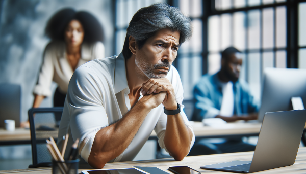 En 50-årig man som tar ett djupt andetag för att hantera irritation på jobbet.