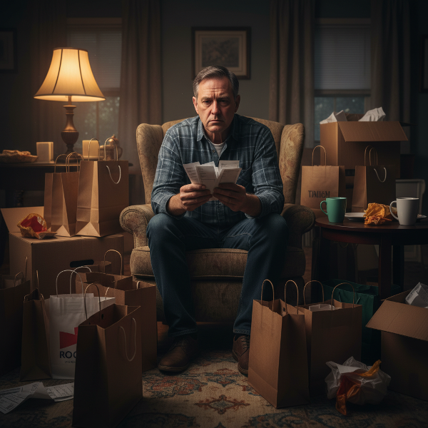 En medelålders man omgiven av oöppnade shoppingkassar och räkningar, med mörka ringar under ögonen som visar sömnbrist och ekonomisk ångest.