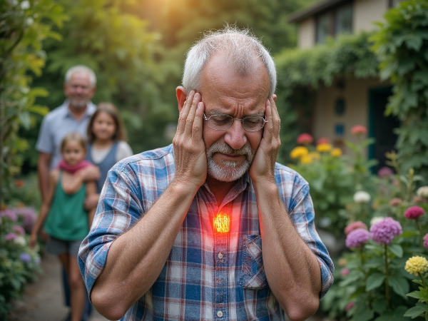 En medelålders man upplever arbetsrelaterad stress och existentiell oro, med fysiska symptom som hjärtklappning, medan glädjen i trädgårdsarbete och barnbarn tonas bort.