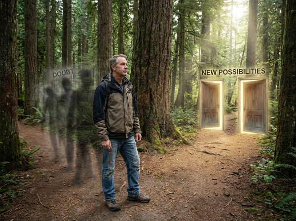 En man i medelåldern står vid en vägskäl i en skog och ser mot nya möjligheter, medan osäkerhetens skuggor långsamt bleknar bakom honom.