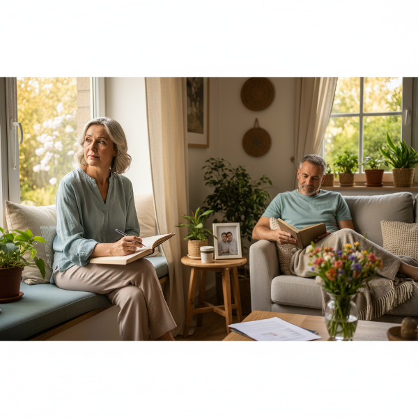 En medelålders kvinna som funderar över personlig utveckling och entreprenörskap i en långvarig relation.