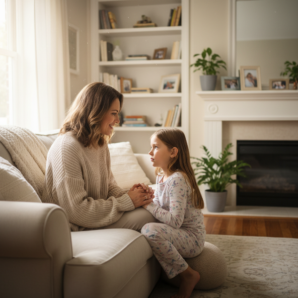 En mamma och hennes dotter samtalar om att balansera generositet med självomsorg i ett vardagsrum.