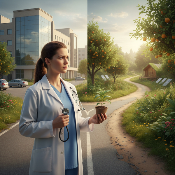 En sjuksköterska står vid ett vägskäl mellan sjukvårdens och hållbarhetens världar, symboliserande ett svårt karriärval.