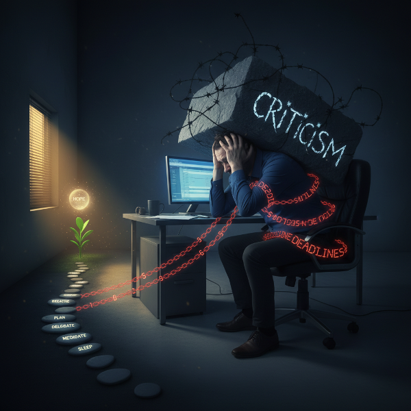 En man som krossas av arbetsstress och apati, med en svag strimma av hopp för återhämtning.