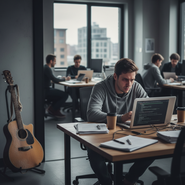 En ung man känner sig överväldigad och utmattad på sitt kontor på en tech-startup, med tecken på stress och distans från omgivningen.