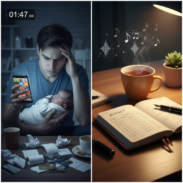 En ung förälder med barnet balanserar mellan nattligt scrollande och impulsiva köp på mobilen, och en lugnare sida med hälsosamma rutiner som andningsövningar och budgetanteckningar.