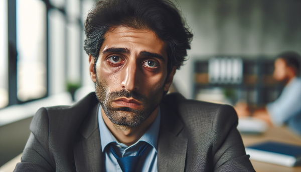 En person som kämpar med arbetsrelaterad utmattning och ångest, med fokus på återhämtning och att bryta negativa mönster.