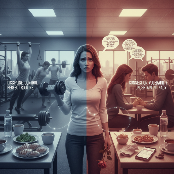 En kvinna står i konflikt mellan extremträning och strikt kostkontroll åt ena hållet, och en sexuellt inkompatibel relation med kommunikationssvårigheter åt det andra. Bilden visar kopplingen mellan kontrollbehov och intimitetsproblem.