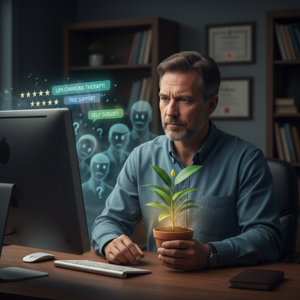 En psykolog i 40-årsåldern betraktar sin datorskärm med positiva omdömen, medan tvivel skuggar bakom honom. En liten växt i hans hand symboliserar växande självförtroende.