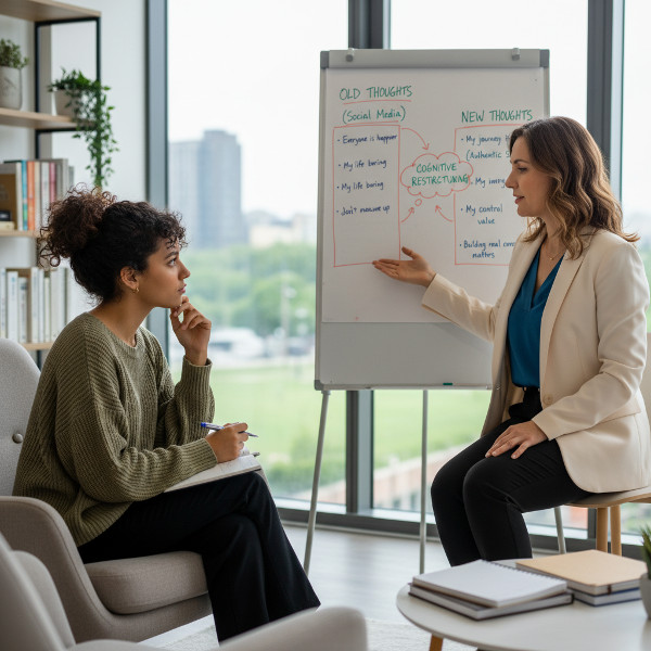 En bild som visar en psykolog som hjälper en klient med praktiska KBT-övningar för att bryta skadliga jämförelsemönster från sociala medier.