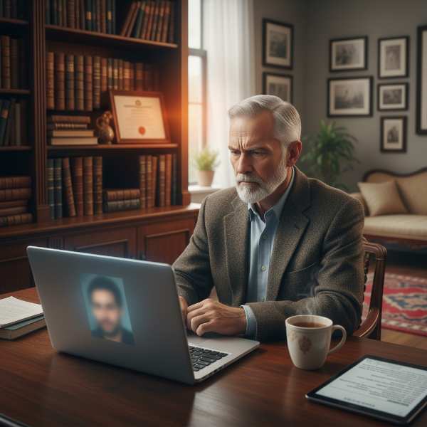 En pensionerad psykolog vid ett skrivbord övergår från traditionell terapi till digital rådgivning, med en atmosfär av eftertanke och förändring.