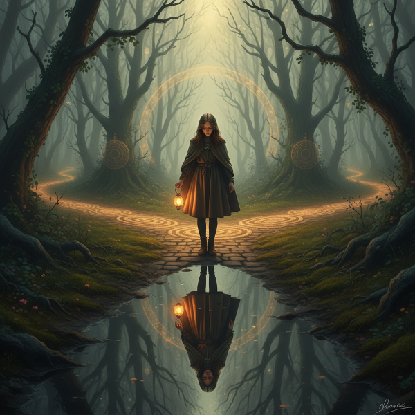 En ung kvinna vid en korsväg i en dimmig skog, som reflekterar över sina val och mönster medan hon ser framåt mot en ljusare väg.