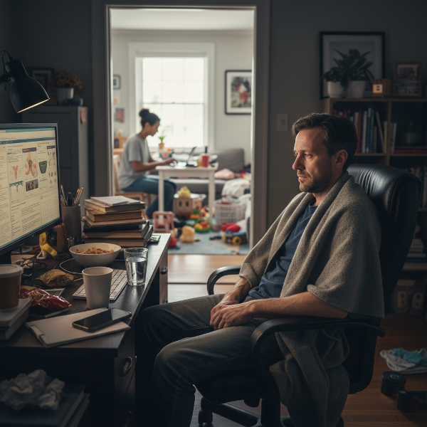 En trött man i hemkontor känner sig överväldigad av jobbkrav och hälsooro, medan privatlivet och relationen blir suddiga.