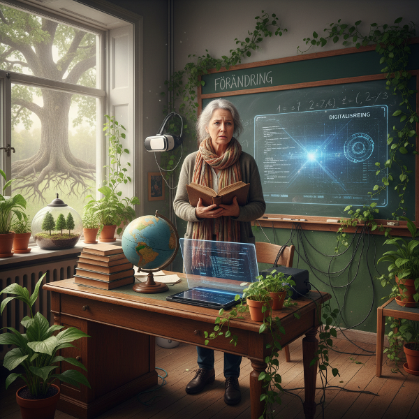 En lärare i ett klassrum som balanserar mellan traditionella läromedel och modern teknik, med visuella symboler för ångest och förändring, i en miljö som illustrerar ekologisk psykologis fokus på omgivningens påverkan.