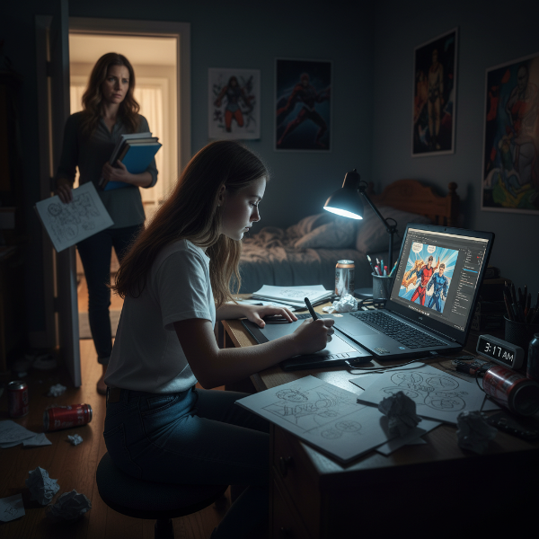 En tonårig flicka sitter uppe sent och ritar serier, med en orolig mamma som ser på, vilket illustrerar balansen mellan kreativ passion och skolans krav.