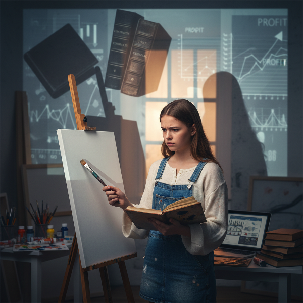 En tonårig flickan står inför ett vitt duk med pensel i hand, medan skuggor av juridik- och ekonomi-böcker hotar hennes konstnärliga drömmar.