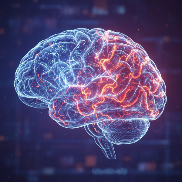 En abstrakt bild av en hjärna med synliga tankebanar som representerar kognitiva mönster och fördomar.