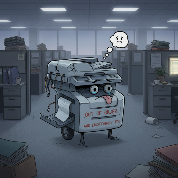 En humoristisk bild av en personifierad, trasig kontorsutrustning som ser frustrerad eller egen ut i ett kontorslandskap.