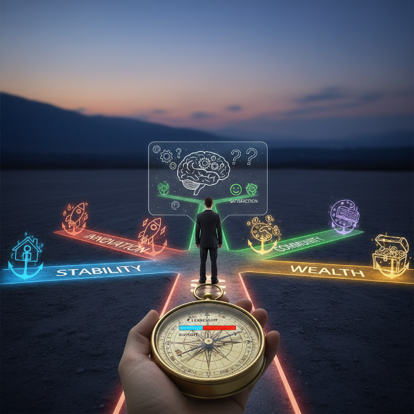 En person står vid ett vägskäl med flera karriärvägar som representerar olika värderingar och ankare. Personen håller en kompass som visar ledarskap, utmattningsrisk och tillfredsställelse.