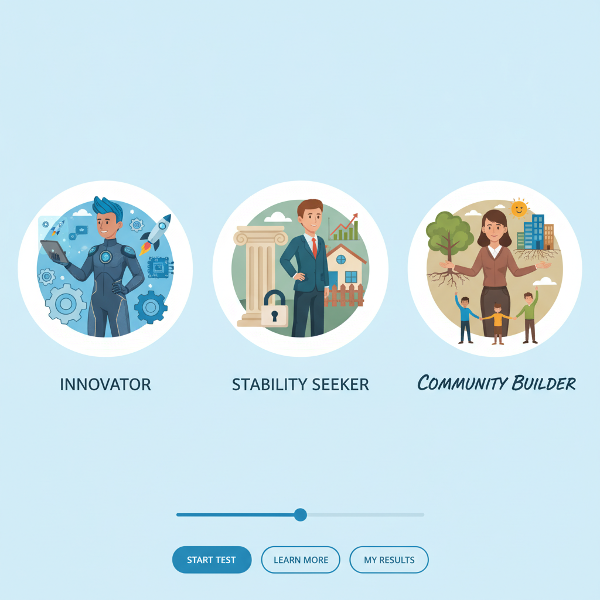 En bild som visar tre olika karriärvägar med symboler för innovation, stabilitet och gemenskap, sammanflätade i en professionell profil.