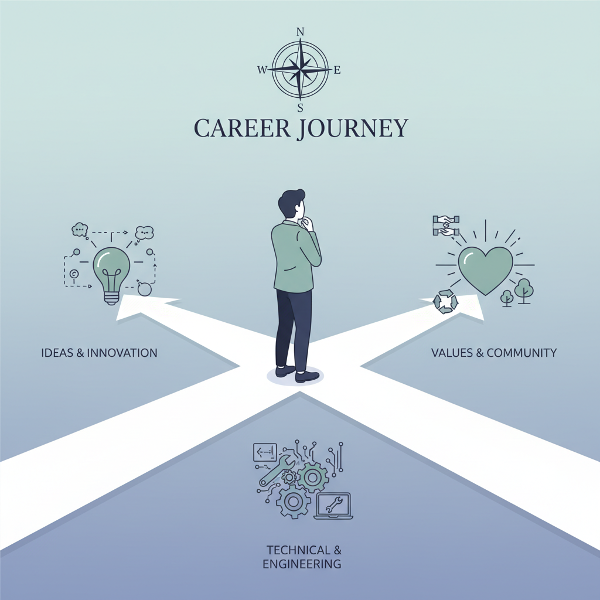 En person står vid ett vägskäl med symboler för olika yrkesval och funderar över sin framtid.