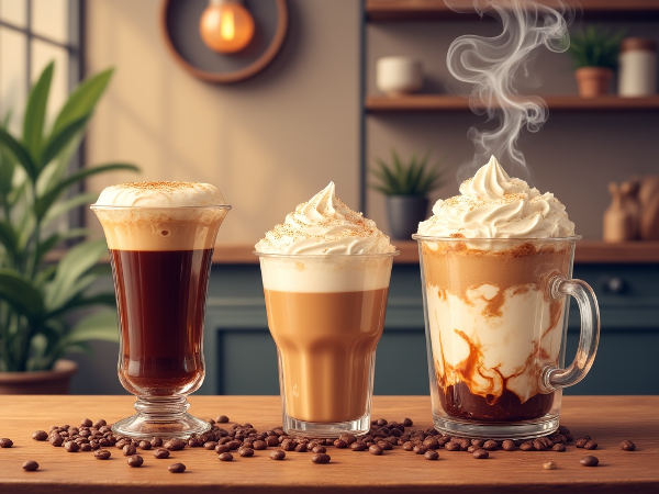 En färgglad illustration av olika kaffedrycker med personligheter i ett mysigt kafémiljö.