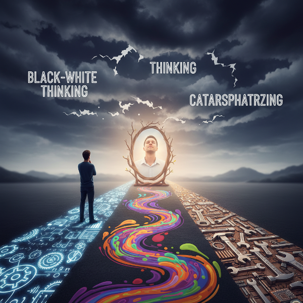 En person vid en vägskäl med tre olika tankevägar som representerar analytiskt, kreativt och praktiskt tänkande, omgiven av moln som symboliserar kognitiva fördomar.