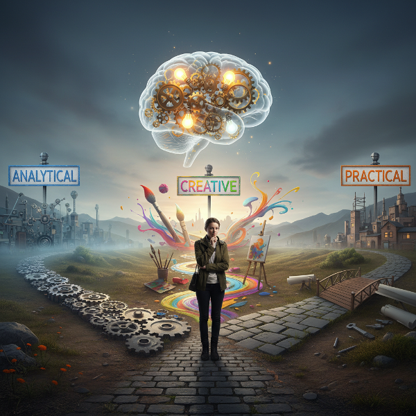 En person vid ett vägskäl med tre olika vägar som representerar analytiskt, kreativt och praktiskt tänkande, med en hjärna ovanför som visar kugghjul och glödlampor som symboliserar kognitiva processer.