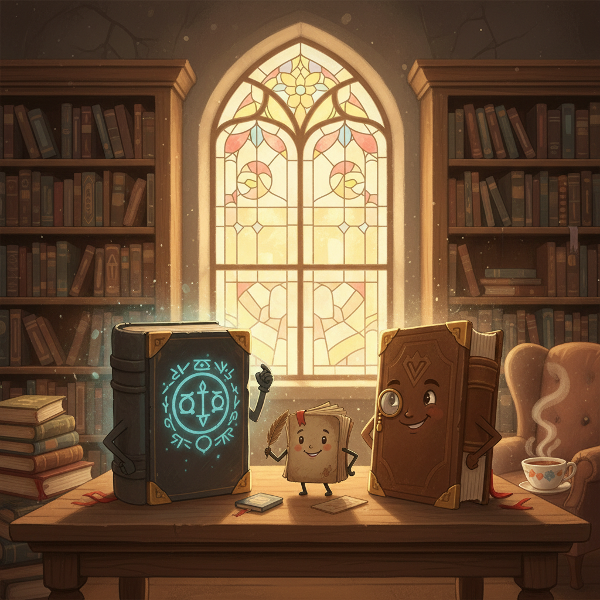 En mysig bibliotekshylla där böcker med olika personligheter kommer till liv i ett varmt och nostalgiskt ljus.