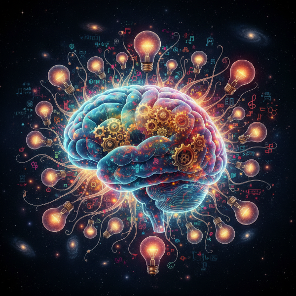 En abstrakt bild av en hjärna där idéer som glödlampor flyter runt, kugghjul snurrar och kreativa tankebanor förgrenar sig som nervbanor