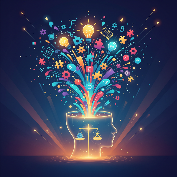 En bild som visar en persons hjärna som exploderar med färgglada idéer, glödlampor och pusselbitar som flödar ut, vilket symboliserar kreativ problemlösning och innovation.