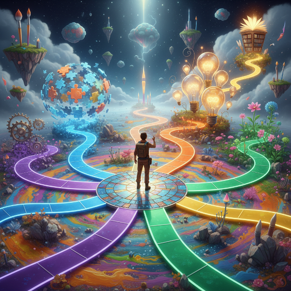 En person står vid ett vägskäl med färgglada stigar som leder till olika abstrakta lösningar, vilket symboliserar kreativ problemlösning och olika tillvägagångssätt.