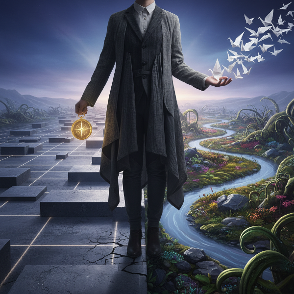 En person vid en vägskäl mellan en strukturerad geometrisk stig och ett flytande organiskt landskap, med ena handen håller en kompass och den andra släpper en flock pappersfåglar.