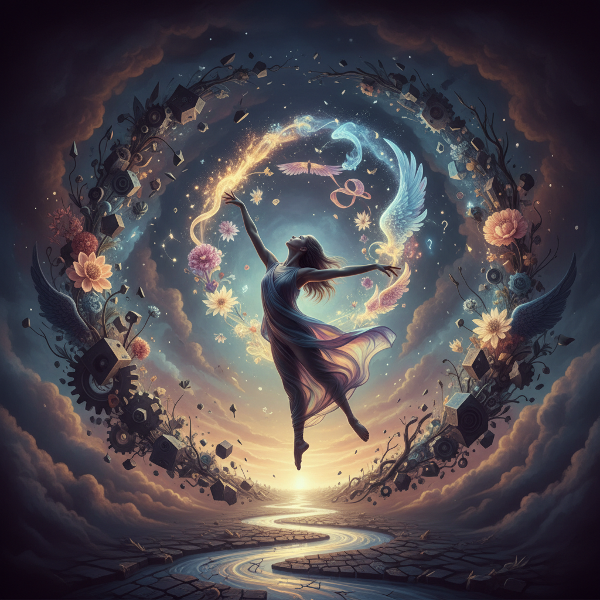 En bild som visar en person som dansar med förvandlande hinder i ett kaotiskt landskap, symboliserar förmågan att se möjligheter i utmaningar.