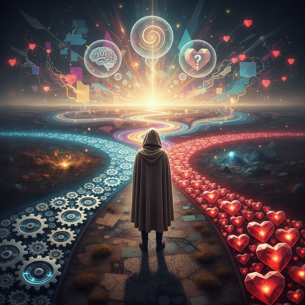 En person vid en vägskäl med olika stigar som representerar logik, intuition och känslor, och som leder mot en abstrakt framtid.