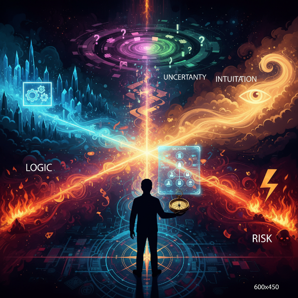 En person vid ett vägskäl med flera abstrakta vägar som symboliserar olika beslutsdimensioner, med en kompass som projicerar ett beslutsdiagram.