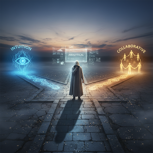 En person vid ett vägskäl med olika vägar som symboliserar olika beslutsstilar: intuition, analys och samarbete.