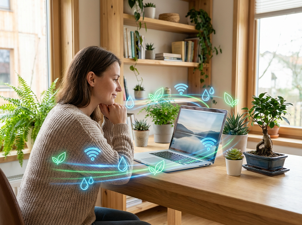 En bild som visar en person i en balanserad miljö med digitala element och natur, för att illustrera reflektion över digitala vanor och välbefinnande.