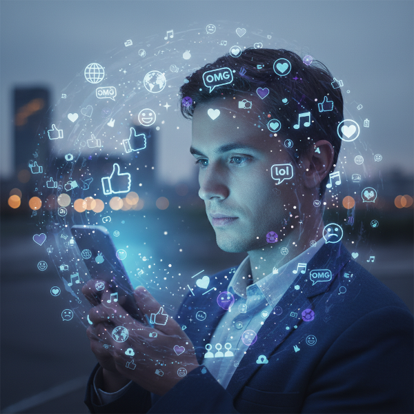 En person som betraktar sin egen spegelbild i en smartphoneskärm, omgiven av digitala ikoner och emojis som symboliserar sammanflätningen av online- och offlineidentitet.