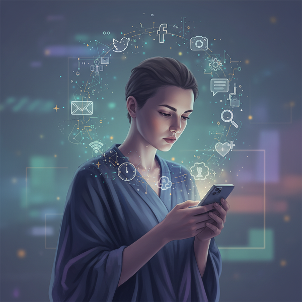 En person som reflekterar över sin digitala användning medan olika ikoner och symboler för sociala medier och onlineaktiviteter svävar runt.