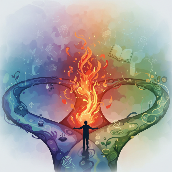 En person står vid en vägskäl med tre färgglada stigar som symboliserar olika emotionella resonanstyper i ett mjukt abstrakt landskap där känslor omvandlas till handling.