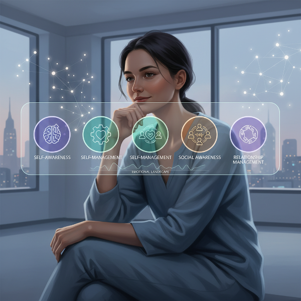 En bild som visar en person i självreflektion kring fyra glödande symboler för emotionell intelligens i ett modernt gränssnitt.